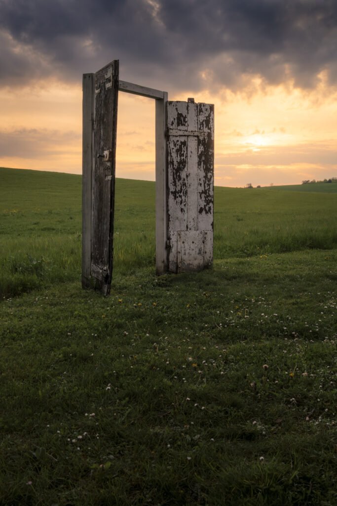Door in the field at sunset in Rennemoulin, Yvelines