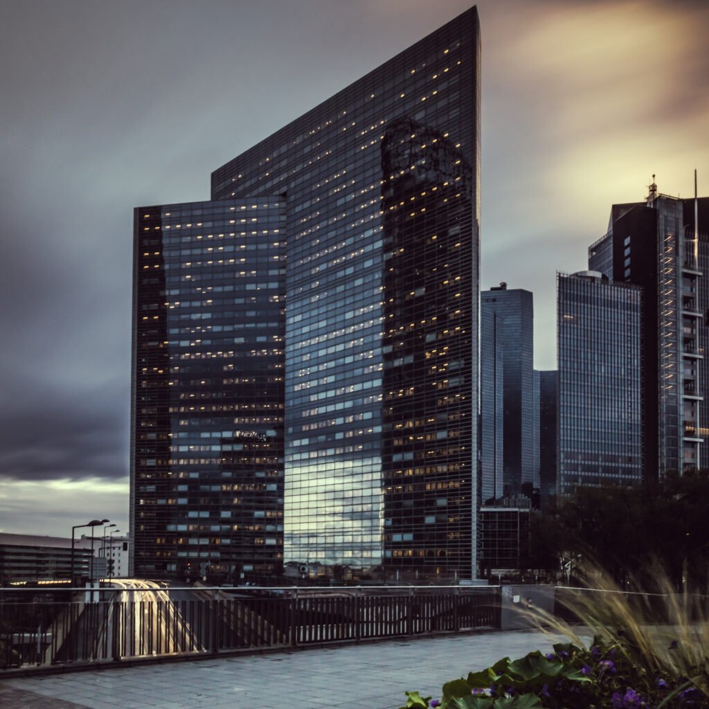 Sunset during a rainy evening in La Defense