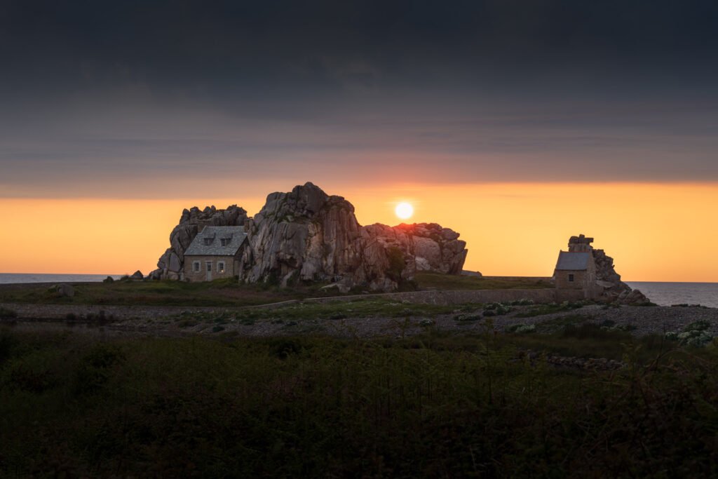 House near Plougrescant in Brittany at sunset