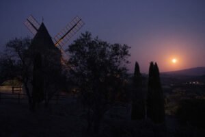 Mill with the red moonlight at Saint-Saturnin-les-Apt, France